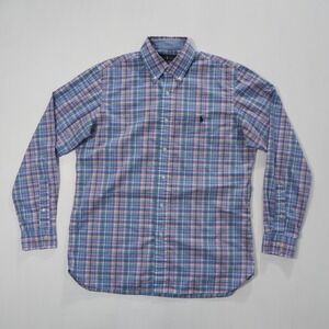 Ralph Lauren Shirt Mens Medium Blue Pink Green Plaid Stretch Cotton Long Sleeve
